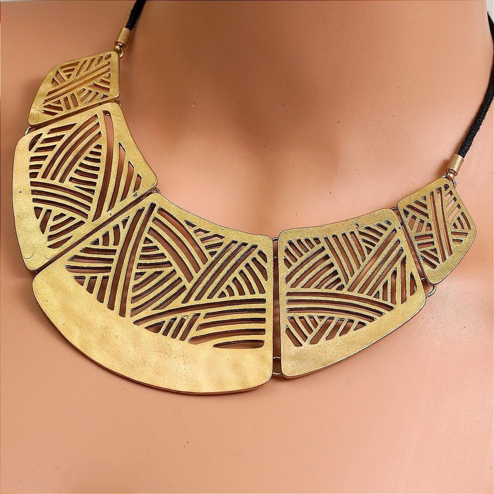 Chunky Geometric Statement Necklace Gold Tone Bib‎ Collar - Picture 2 of 6